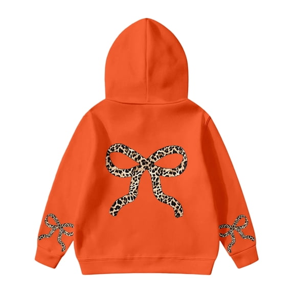 CHENge Cute Hoodies for Girls Size 3-14, Fashion Leopard Bow Printed Hooded Sweatshirts,Autumn/Winter Outfits(Z2B-Orange,7-8 Years)