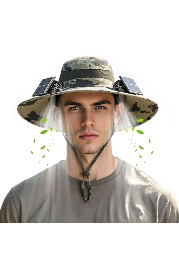 Desert Camo Dual Solar Fan Sun Hat, Rechargeable Cooling Bucket Hat for Outdoor Working Hiking Travel