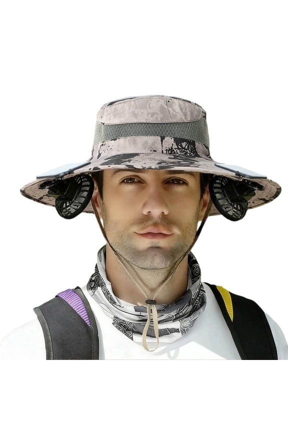 Desert Camo Solar Fan Sun Hat, Rechargeable Cooling Bucket Hat with Solar Panel for Outdoor Work & Travel