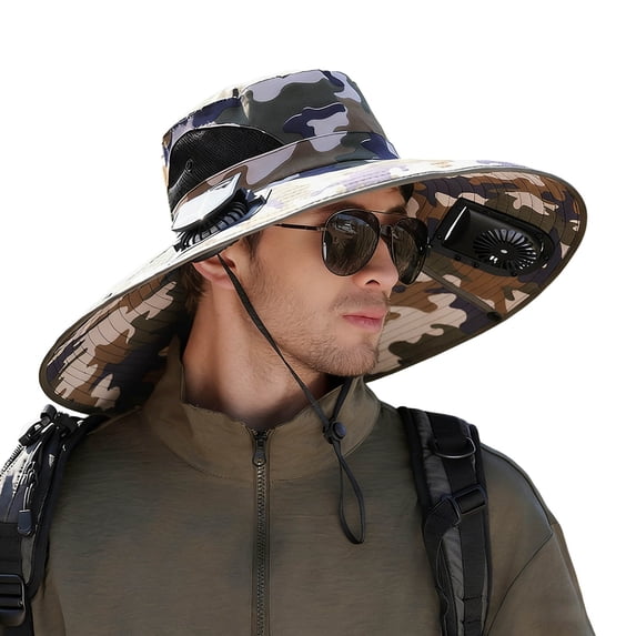 CHENge Dual Fan Solar Cooling Sun Hat, Camo Rechargeable Bucket Hat with Wide Brim for All-Day Outdoor Comfort