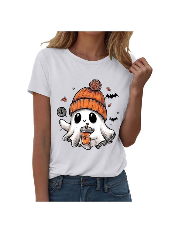 Fall Casual Tee, Women Short Sleeve Top, Bat Skull Combo Print Lightweight Relax Daily Shirt