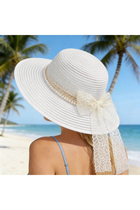 French Style Elegant Lace Bow Summer Sun Hat for Women Beach Outing Shading Fisherman Wide Brim