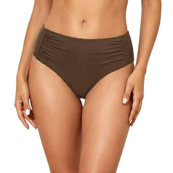CHENge Brown Full Coverage Bikini Bottoms for Women Mid Rise Bathing Suit Bottoms for Women Ruched Tummy Control Swim Bottoms