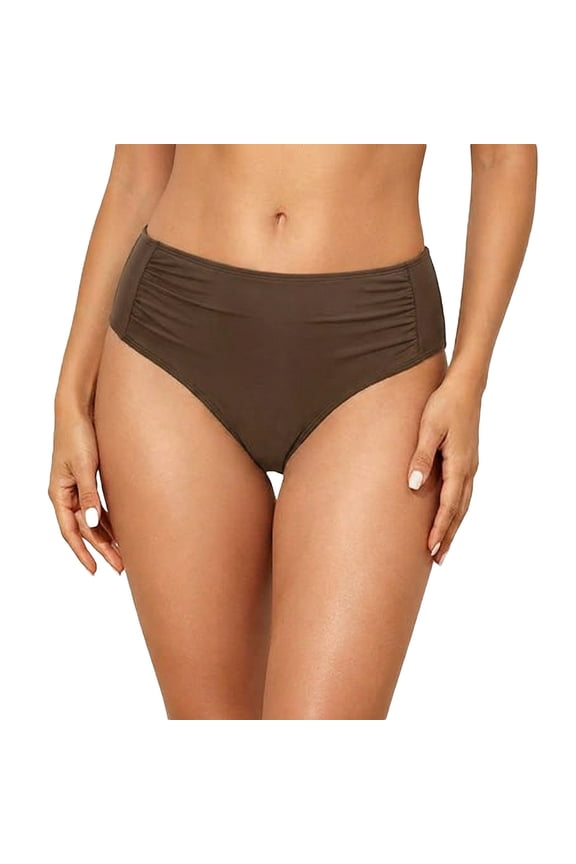Brown Full Coverage Bikini Bottoms for Women Mid Rise Bathing Suit Bottoms for Women Ruched Tummy Control Swim Bottoms