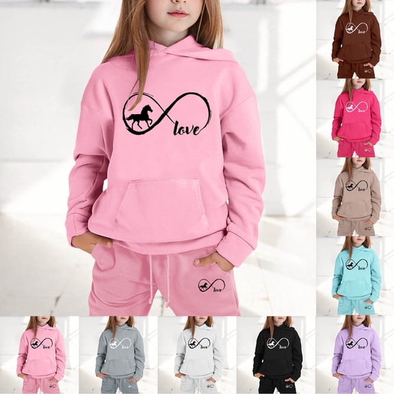 CHENge Girls 2-Piece Cotton Outfit Sweatshirts Sweatpants Set Youth Girls Pullover Casual Hooded Tops Pants Tracksuits