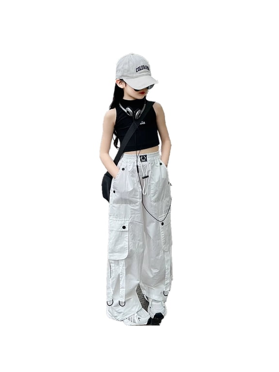 Girls Baggy Jeans Size 10-12 Jeans Wide Leg Pants with Multiple Pockets Stretch Regular Kids Clothes Size,White 10-11 Years