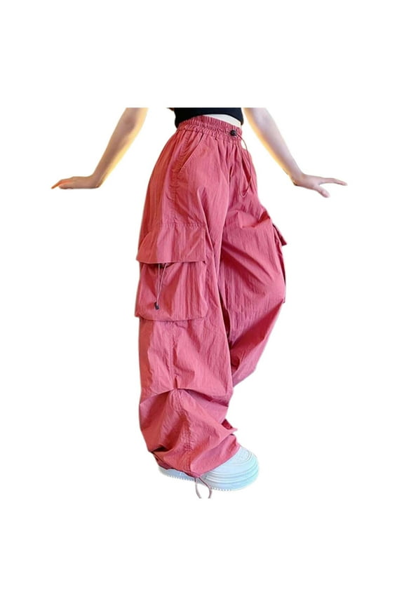 Girls Cargo Pants Elastic High Waist Drawstring Jogger Trousers Y2K Casual Loose Parachute Streetwear Sweatpants(Watermelon Red-A,120-M)