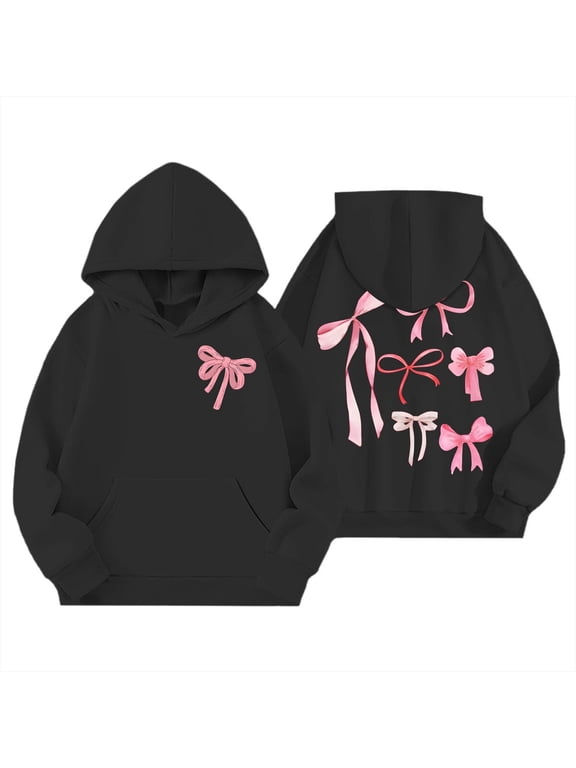 Girls Hoodies Size 10-12 Fashion Versatile Comfort Bow Print Design Lightweight Breathable Cowl Neck Hooded Sweatshirt Autumn/winter Outwear(Z2-Black,11-12Years)