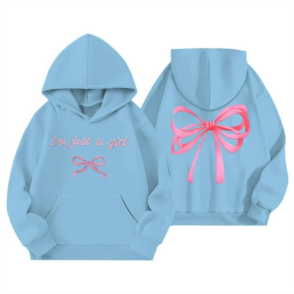 CHENge Girls Hoodies Size 10 Fashion Versatile Comfort Bow Print Design Everyday Wear Durable Crew Neck Sweatshirt Hooded Pullover Jacket Clothoes(Z1-Sky Blue,7-8 Years)