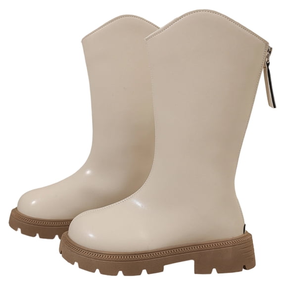 CHENge Girls Leather Riding Knee High Boots with Side Zipper Fashion Round Toe Comfortable Low Heel Lace Up Combat Boots Lug Sole Motorcycle Boots Little Kid/Big Kid