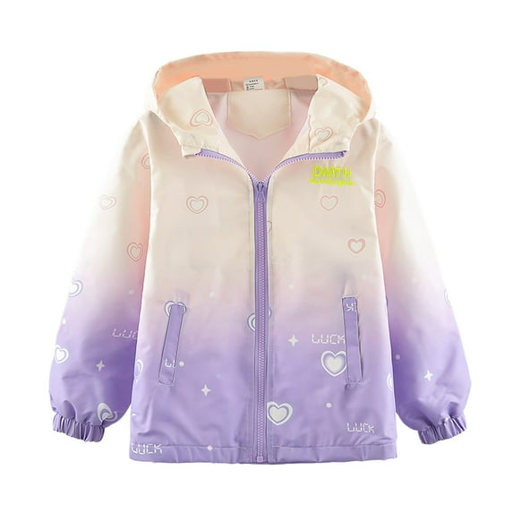 CHENge Girls Windbreaker Jacket Size 10-12,Lightweight Casual Gradient Heart Print Autumn Children Warm Waterproofs Hooded Outerwear Outdoor Sports Coat for Kids Youth(D-Purple,13-14 Years)