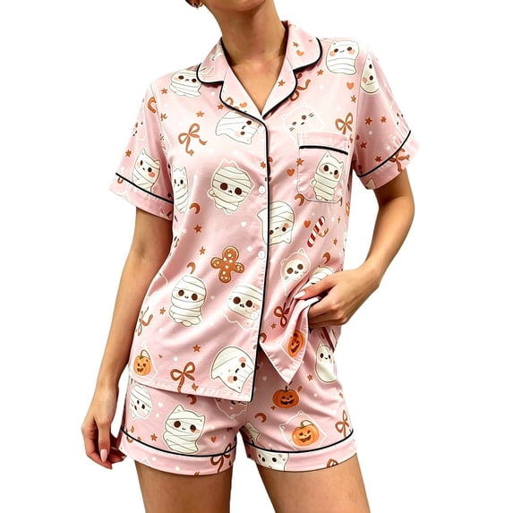 CHENge Halloween Pajamas for Women Silk High-Waisted Stretch Witch Hat Print Silk Pj Shorts Set Silky Sleepwear Pjs Sets Nightwear Loungewear