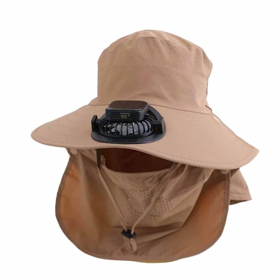 CHENge Khaki Solar Fan Sun Hat with Removable Face & Neck Flap, Rechargeable Cooling Hat for Outdoor Work Fishing