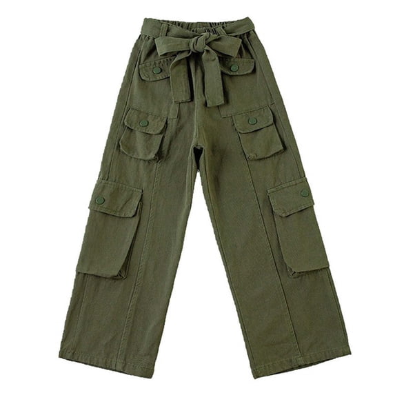 CHENge Kids Baggy Cargo High Elastic Waisted Lounge Pants Lounge Pants with Pockets Clothes for Girls,Dark Green 7-8 Years