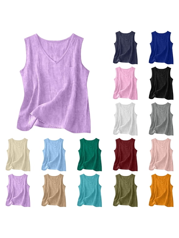 Linen Tank Tops for Women Side Split 2026 Summer Casual Camisole Crew Neck Sleeveless Linen Shirts Loose Lightweight Gauze