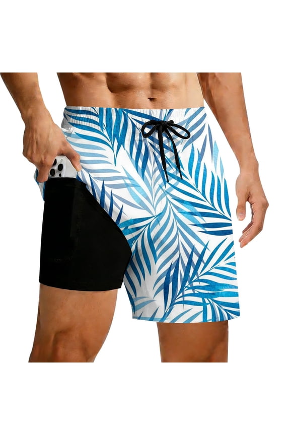 Men's Big and Tall Swim Trunks 5x Breathable Floral Swim Trunks Quick-Dry 4th Of July Swim Trunks with Compression Liner Upf 50+ Sun Protection Swimwear Bathing Suits