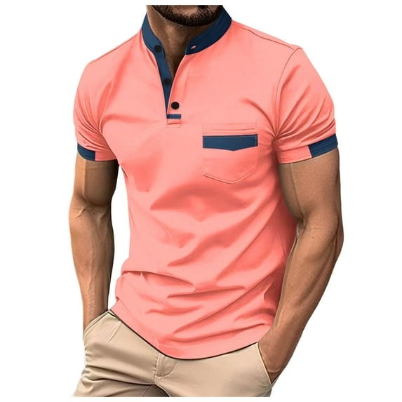 CHENge Men's Short Sleeve Henley Polo Shirt, Color Block with Blue Trim ...