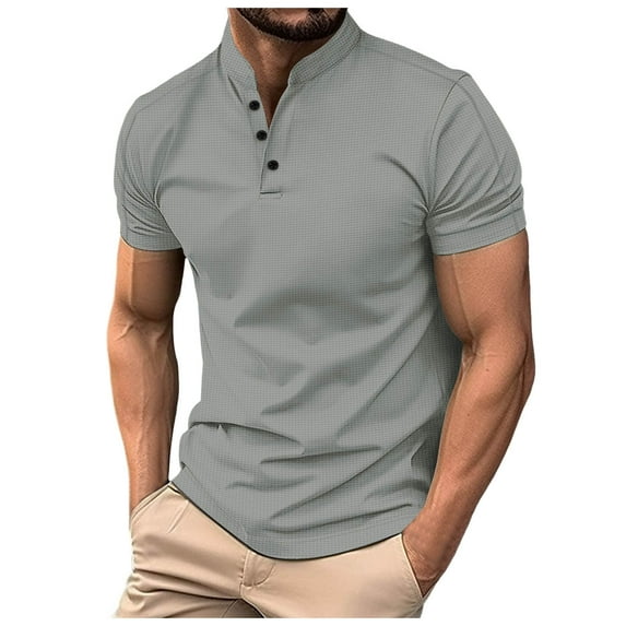 CHENge Men's Short Sleeve Henley Polo Shirt, Waffle Knit Solid Casual T-Shirt, Breathable Slim Fit Top for Daily & Business