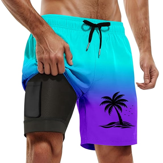 CHENge Men's Swim Trunks 7 Inch Lightweight Hawaiian Print Quick-Dry Beach Swimming Shorts with Liner Anti-Chafe Beach Wear