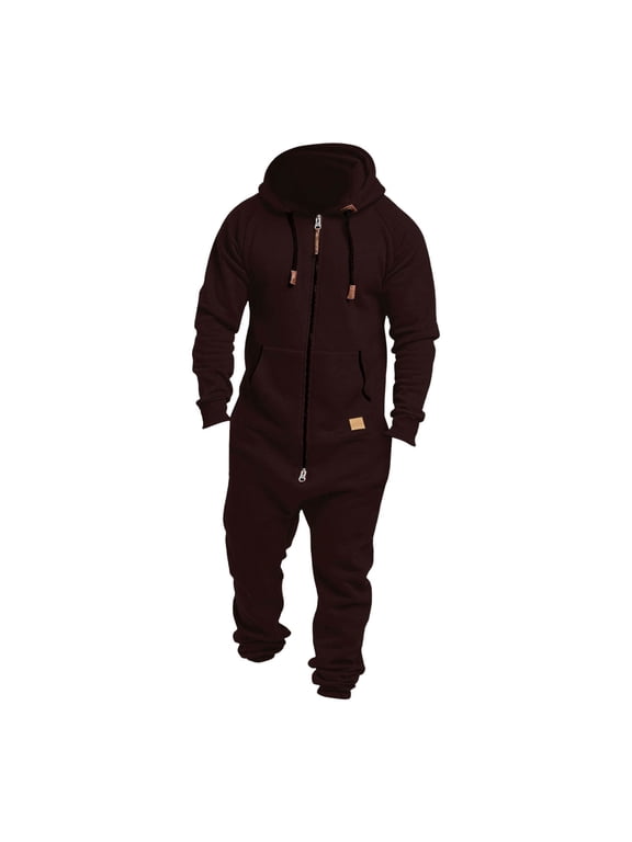 Mens Hooded Jumpsuit Full Zip Up Onesie Work Coverall Rompers Plus Size One Piece Overalls Jogging Suit with Pockets