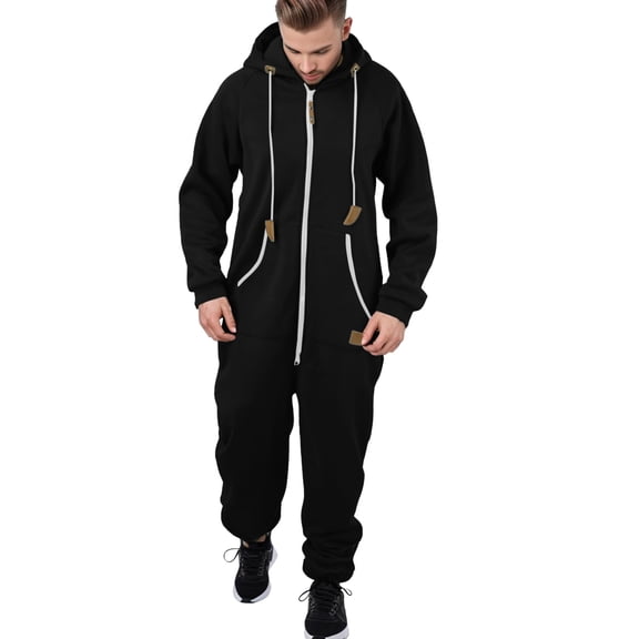 CHENge Mens Hooded Jumpsuit Full Zip Up Onesie Work Coverall Rompers Plus Size One Piece Overalls Jogging Suit with Pockets