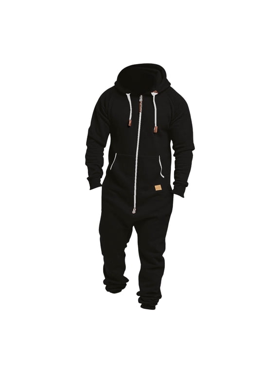 Mens Hooded Jumpsuit Full Zip Up Onesie Work Coverall Rompers Plus Size One Piece Overalls Jogging Suit with Pockets