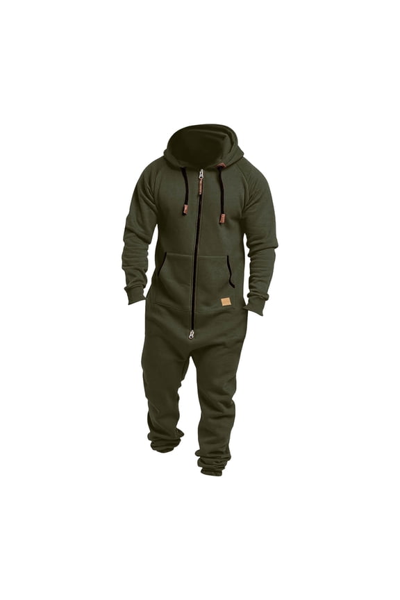 Mens Hooded Jumpsuit Full Zip Up Onesie Work Coverall Rompers Plus Size One Piece Overalls Jogging Suit with Pockets