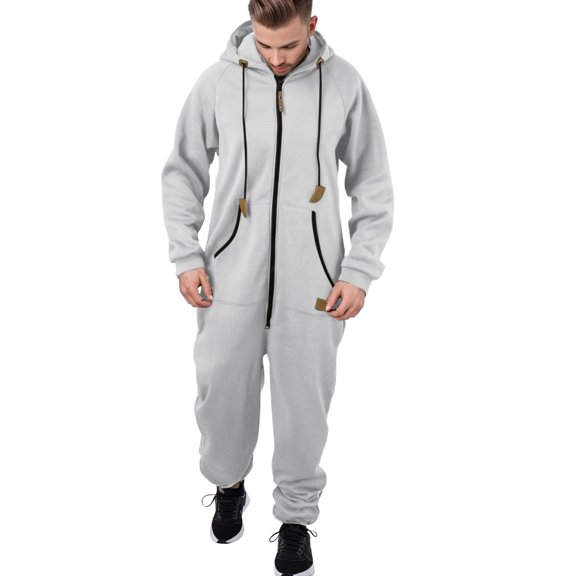 CHENge Mens Hooded Jumpsuit Full Zip Up Onesie Work Coverall Rompers Plus Size One Piece Overalls Jogging Suit with Pockets