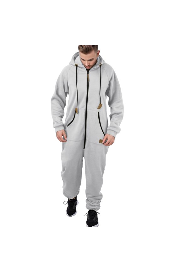 Mens Hooded Jumpsuit Full Zip Up Onesie Work Coverall Rompers Plus Size One Piece Overalls Jogging Suit with Pockets