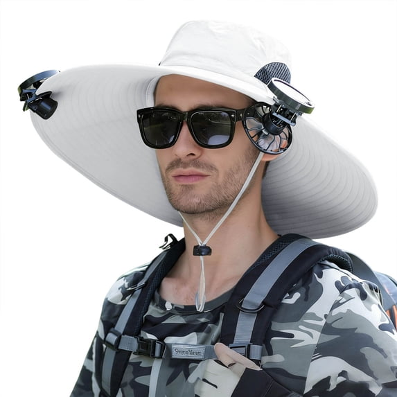 CHENge Navy Blue Wide Brim Solar-Powered Fan Sun Hat, Cooling Bucket Hat for Fishing Hiking Outdoor Work