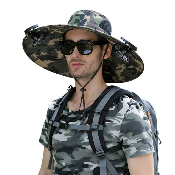 CHENge Navy Blue Wide Brim Solar-Powered Fan Sun Hat, Cooling Bucket Hat for Fishing Hiking Outdoor Work