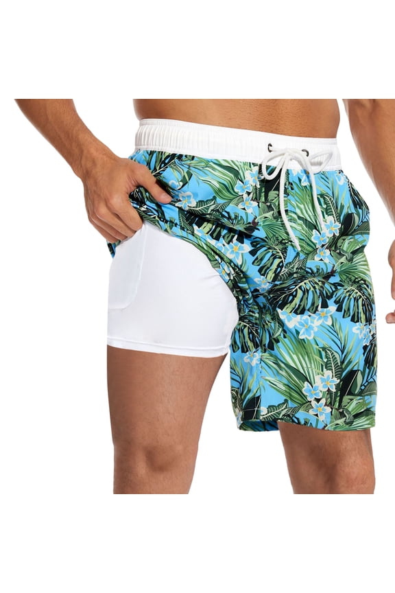 Plus Size Beach Shirts Men Slim Fit Tropical Print Quick-Dry Spring Break Swim Trunks with Soft Mesh Lining Upf 50+ Sun Protection Beach Wear