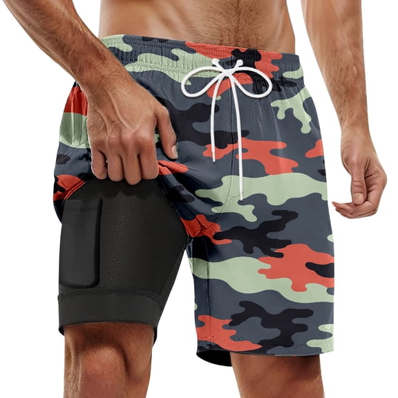 CHENge Plus Size Linen Shorts Men Retro Athletic Hawaiian Print Quick-Dry Surf Board Shorts with Built-In Briefs Anti-Chafe Beach Shorts Bathing Suits
