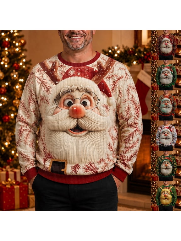 Relaxed Fit Funny Christmas Sweatshirt with Surprised Santa Graphic for Guys, Stretchy Comfort Material, New Year Party and Holiday Dinner