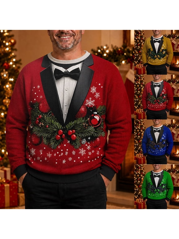 Retro Funny Christmas Pullover with Christmas Bow Tie Design for Guys, Plush Warm Surface, Christmas Morning and Family Photoshoot