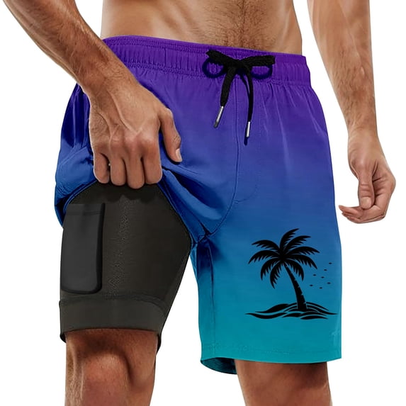 CHENge Shorts with Zipper Pockets Men Casual Tropical Print Quick Dry Beach Swimming Shorts with Liner Upf 50+ Sun Protection Beach Shorts Bathing Suits