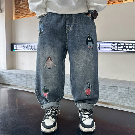 CHENge Toddler Boy's Baggy Jeans Elastic Waist Pull On Denim Pants Classic Straight Wide Leg Jeans for Kids Infant
