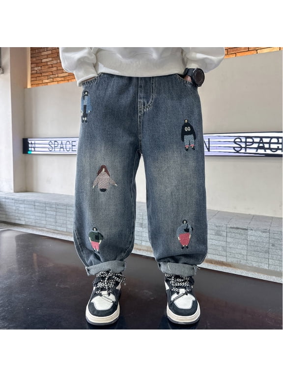 Toddler Boy's Baggy Jeans Elastic Waist Pull On Denim Pants Classic Straight Wide Leg Jeans for Kids Infant