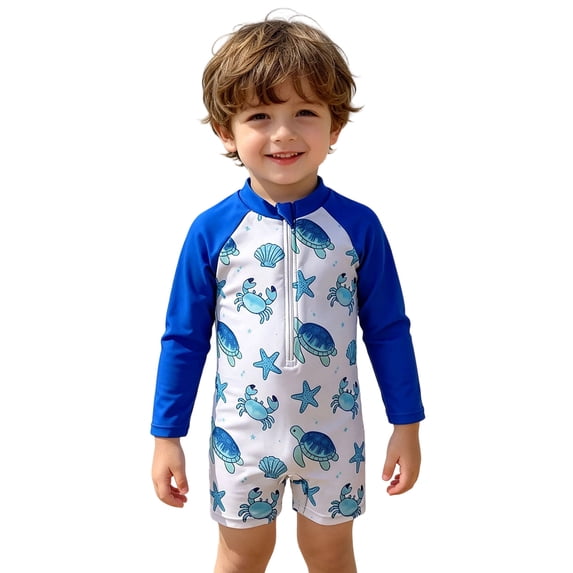CHENge Toddler Boys One Piece Rash Guard Swimsuit Long Sleeve UPF 50+ Sun Protection Cute Cartoon Print Zipper Bathing Suit Quick Dry Beach Swimwear,18-24 Months
