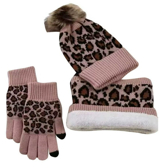CHENge Winter Warm Knit Hat Scarf Set Women Men Ear Head Neck Cover Ski Beanie Cap Leopard Print Knit Winter Scarf Hat and Gloves Set for Women Men Cold Weather Accessories(Pink,One Size)