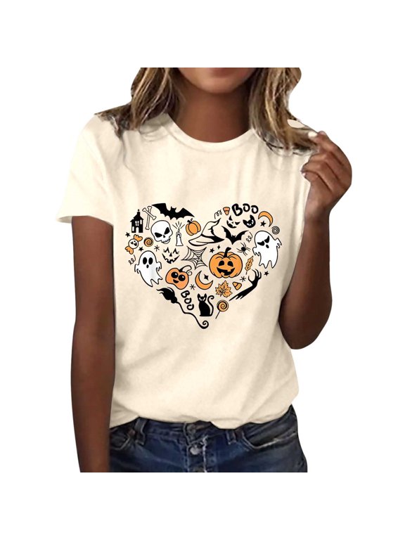 Women Graphic T-Shirt, Ladies Crew Neck Blouse, Tiny Ghost Skull Print Autumn Daily Wear