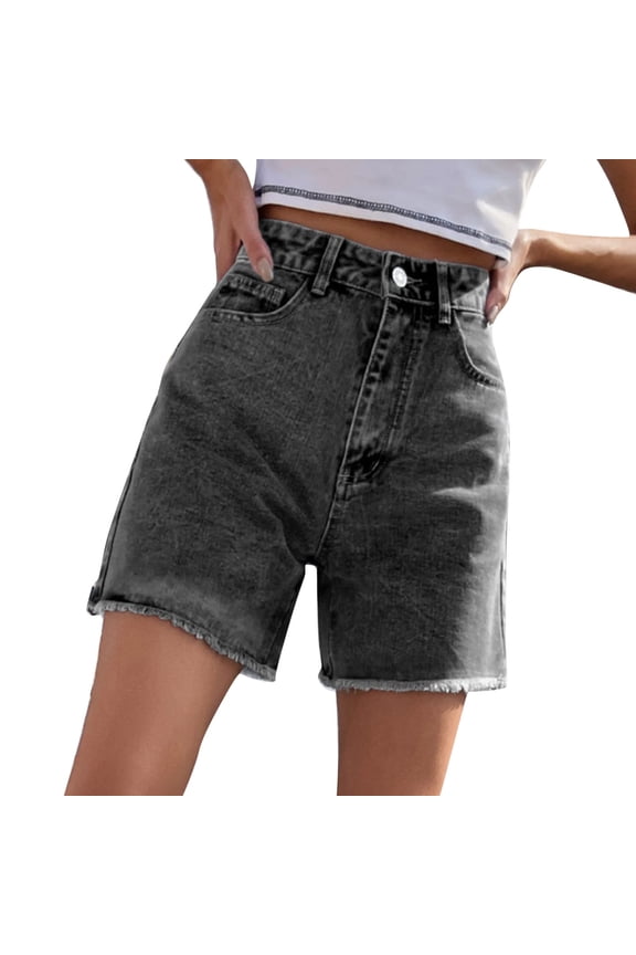 Women High Waisted Classic Casual Straight Leg Zip Up Long Jean Shorts Stretchy Denim Jorts with Pockets