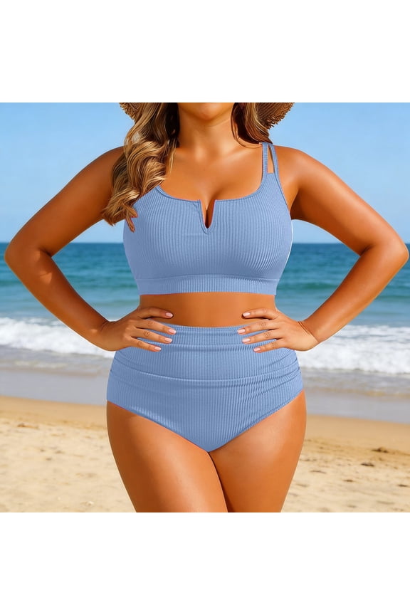 Blue Women Plus Size High Waisted Bikini - Ribbed Two Piece Swimsuit Tummy Control Bathing Suit V-Wired 2026 Swimwear