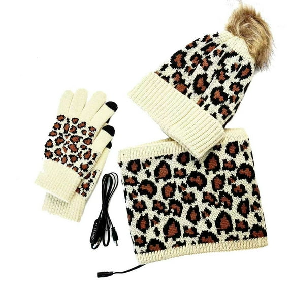 CHENge Women'S Winter 3 Piece Cable Knit Hat Gloves & Scarf Set Red Leopard Print Knit Winter Scarf Hat and Gloves Set for Women Men Cold Weather Accessories(Yellow,One Size)
