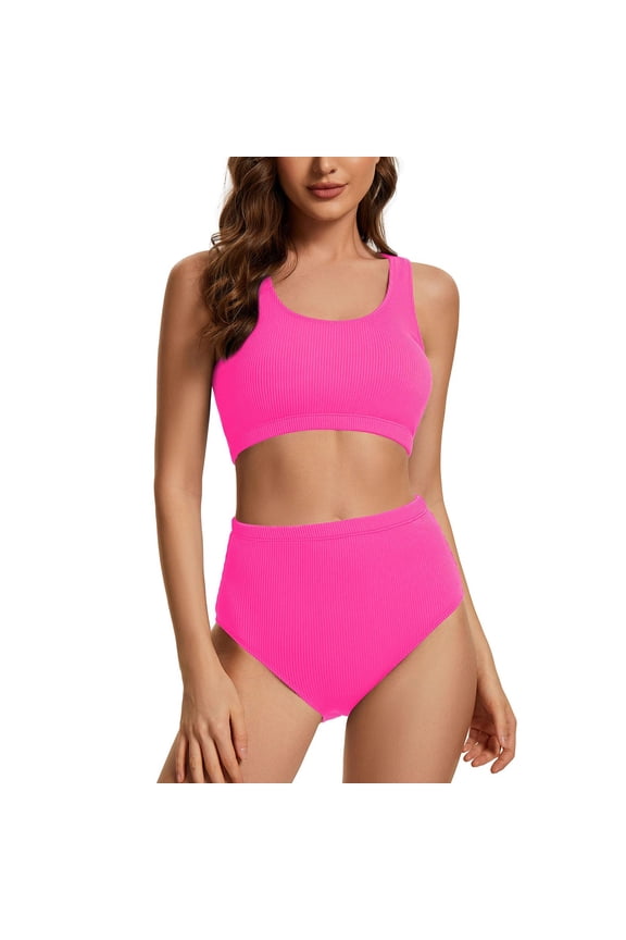 Pink Women Two Piece Scoop Neck Bikini Set Cross Back Crop Top Swimsuit Sporty Modest High Waisted Bathing Suit