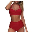 thumbnail image 1 of CHENge Red Women Two Piece Swimsuit High Waisted Bikini Halter Vintage Retro Bathing Suit Push up Swimwear, 1 of 3