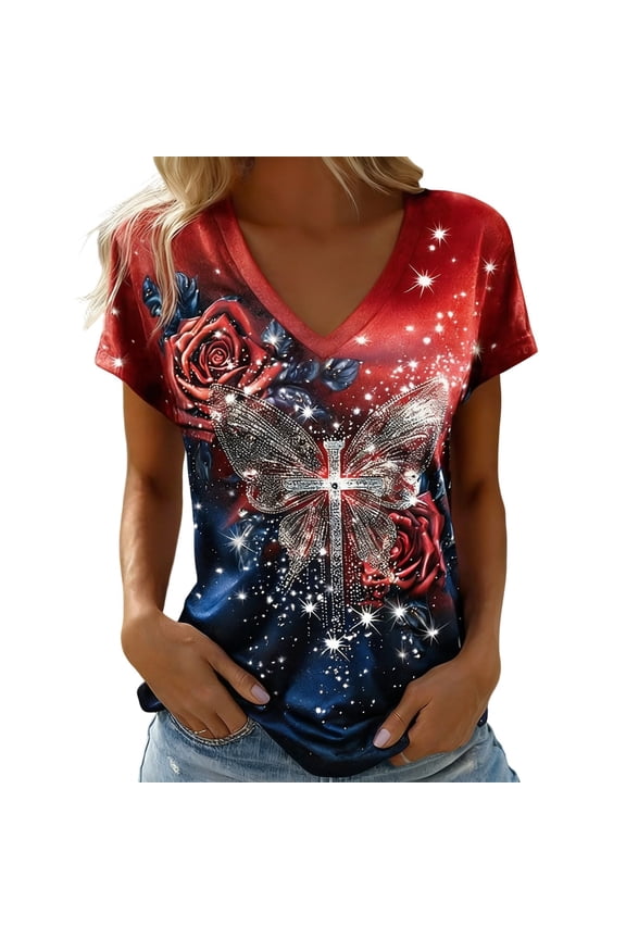 Women's American Flag Butterfly Rose Graphic T Shirt Star Stripes 4th Of July Round Neck Short Sleeve Casual Patriotic Top
