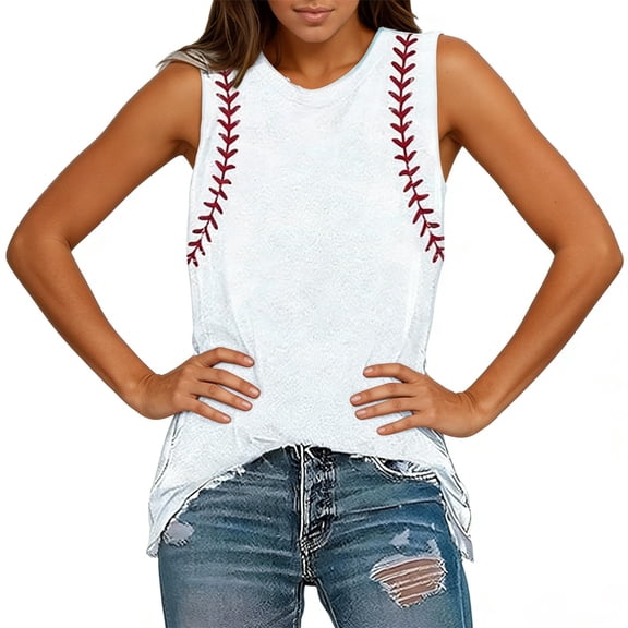 CHENge Women's Baseball Stitch Sleeveless Top, Casual Loose Fit Tank Top with Distressed Hem for Game Day