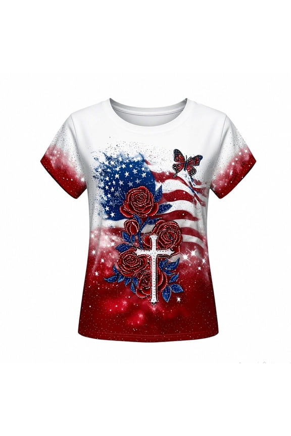 Women's Butterfly Rose USA Flag V Neck Short Sleeve T Shirt Star Patriotic 4th Of July Casual Tee
