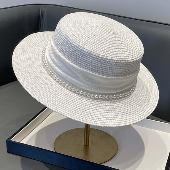 CHENge Women's Elegant Summer Sun Hat with Pearl and Adjustable Tie for Outdoor Beach Casual Wear